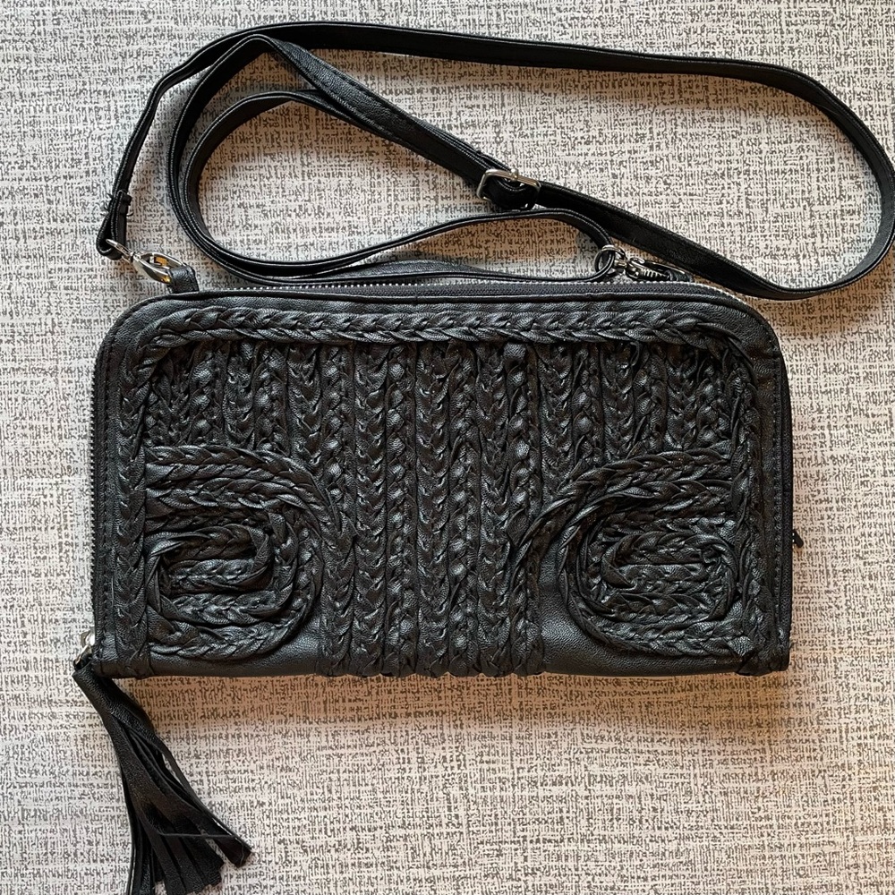 Black Vegan Leather Braided Accent Crossbody Bag Purse Card Slots Tassels